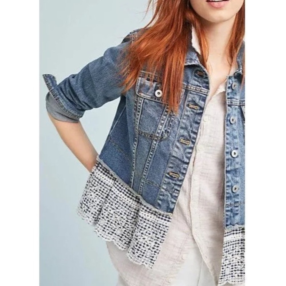 Anthropologie Denim Jacket Womens Pilcro and the‎ Letterpress Gingham Peplum XS